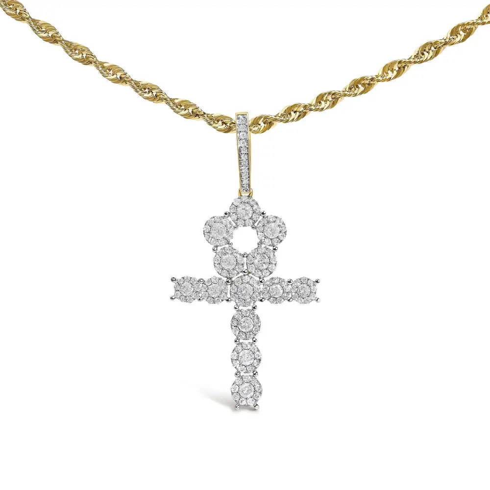 Diamond Cluster Ankh Cross Pendant Necklace in 10K Yellow Gold – 1 3/4 Cttw