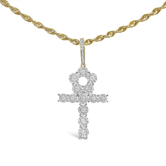 Diamond Cluster Ankh Cross Pendant Necklace in 10K Yellow Gold – 1 3/4 Cttw