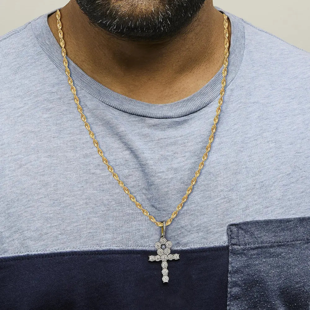 Diamond Cluster Ankh Cross Pendant Necklace in 10K Yellow Gold – 1 3/4 Cttw