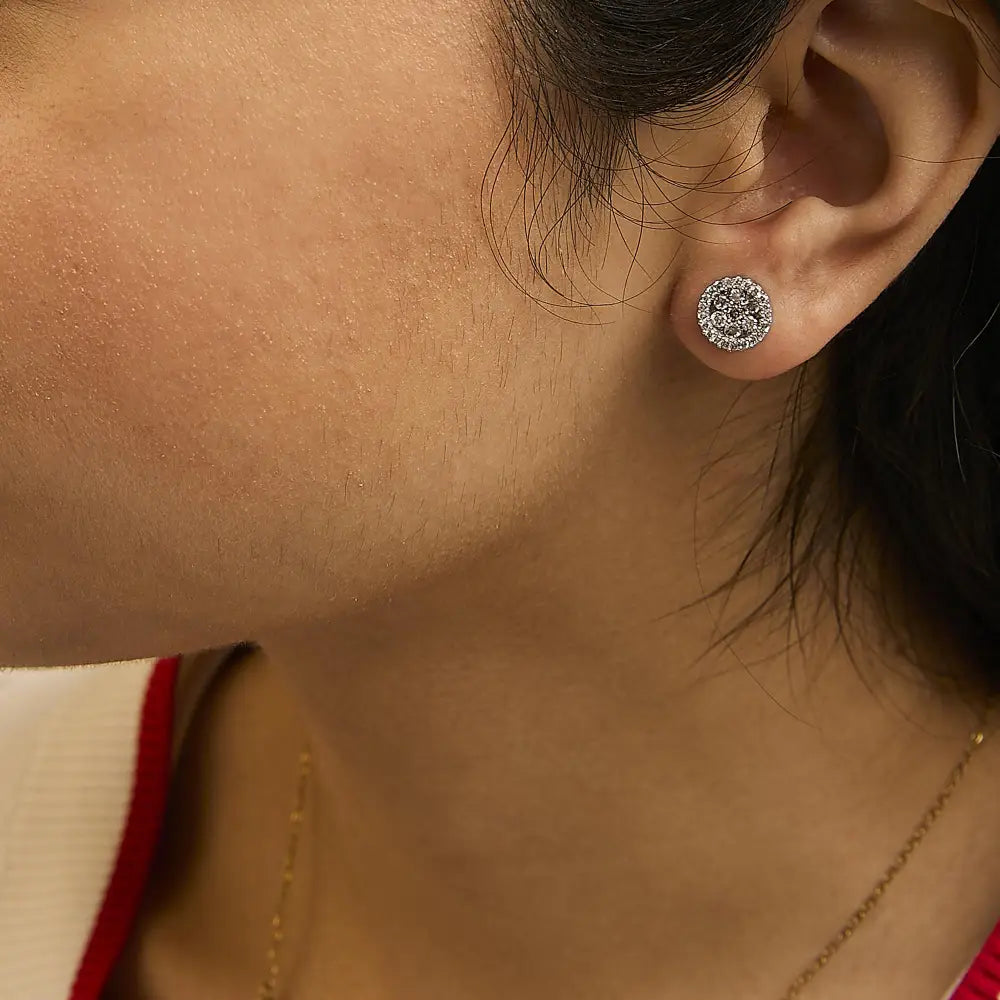 1.0 cttw Diamond Three Row Halo Cluster Button Studs in 14K White Gold
