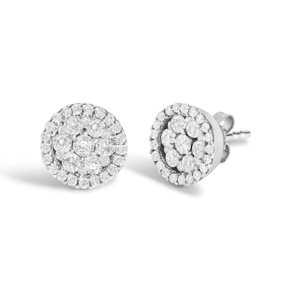 1.0 cttw Diamond Three Row Halo Cluster Button Studs in 14K White Gold