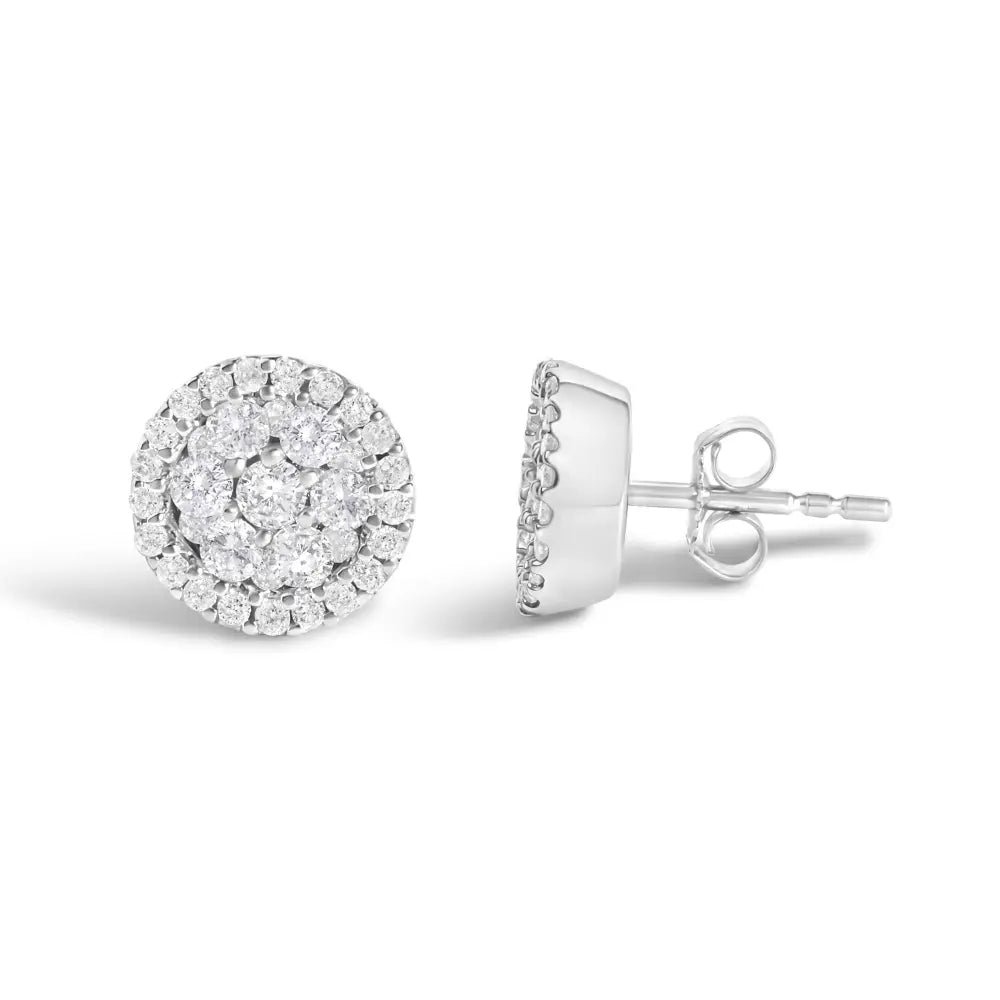 1.0 cttw Diamond Three Row Halo Cluster Button Studs in 14K White Gold