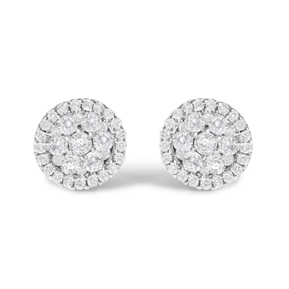 1.0 cttw Diamond Three Row Halo Cluster Button Studs in 14K White Gold