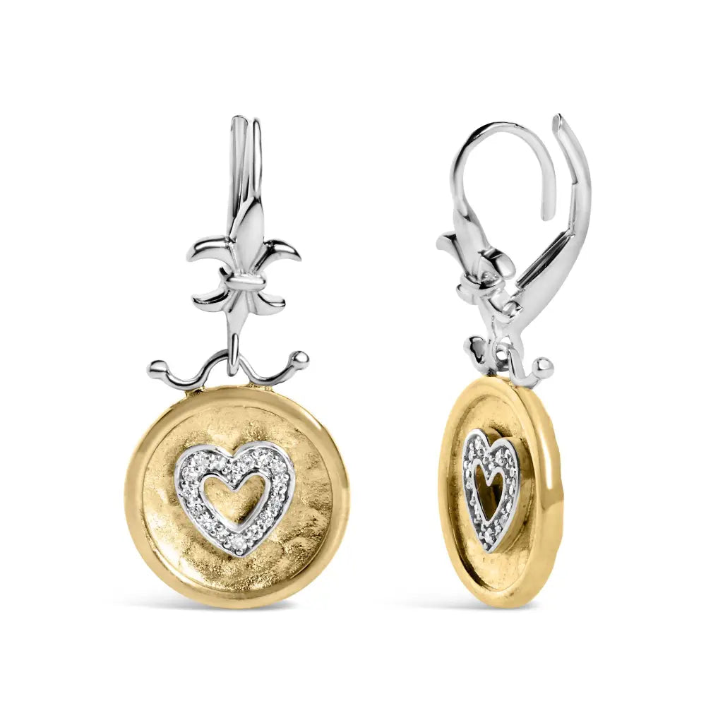 Hammered Heart Medallion 1/8 cttw Diamond Earrings in 18K Gold over Silver