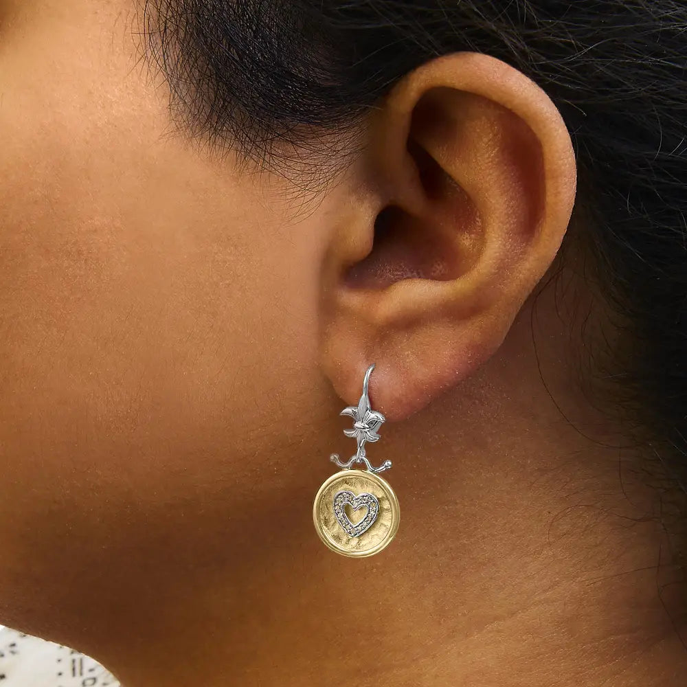 Hammered Heart Medallion 1/8 cttw Diamond Earrings in 18K Gold over Silver