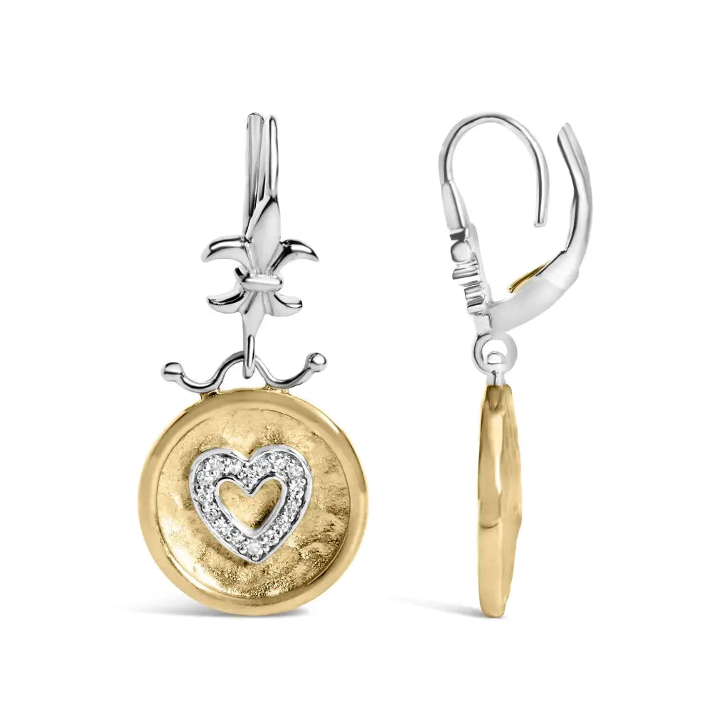 Hammered Heart Medallion 1/8 cttw Diamond Earrings in 18K Gold over Silver