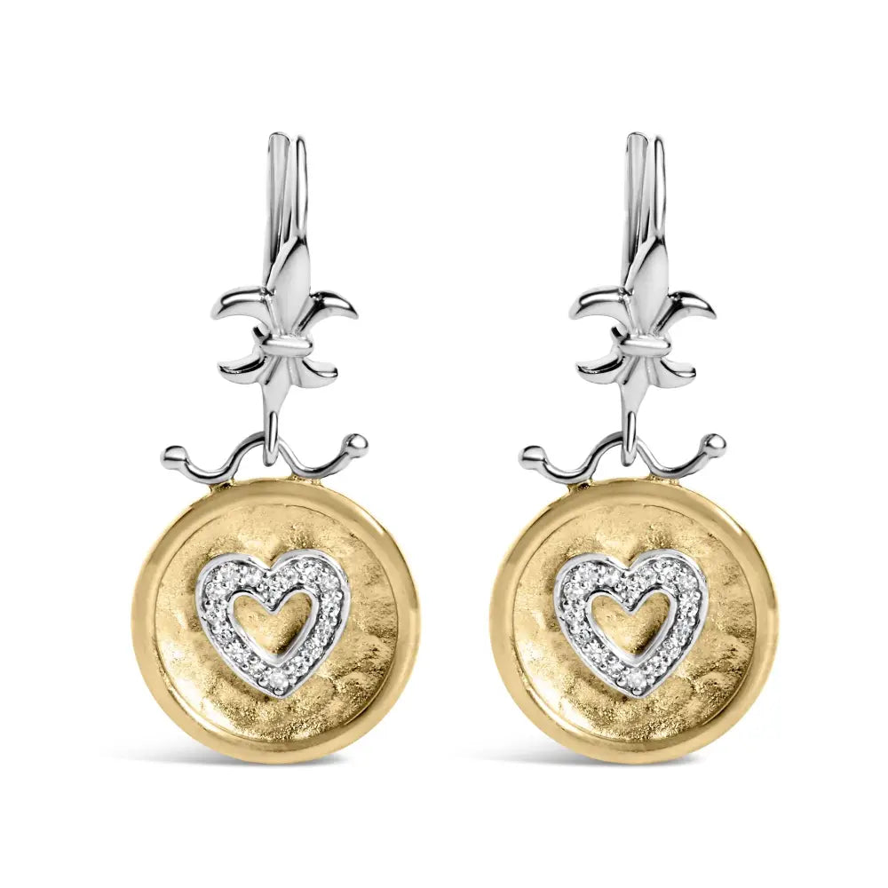 Hammered Heart Medallion 1/8 cttw Diamond Earrings in 18K Gold over Silver