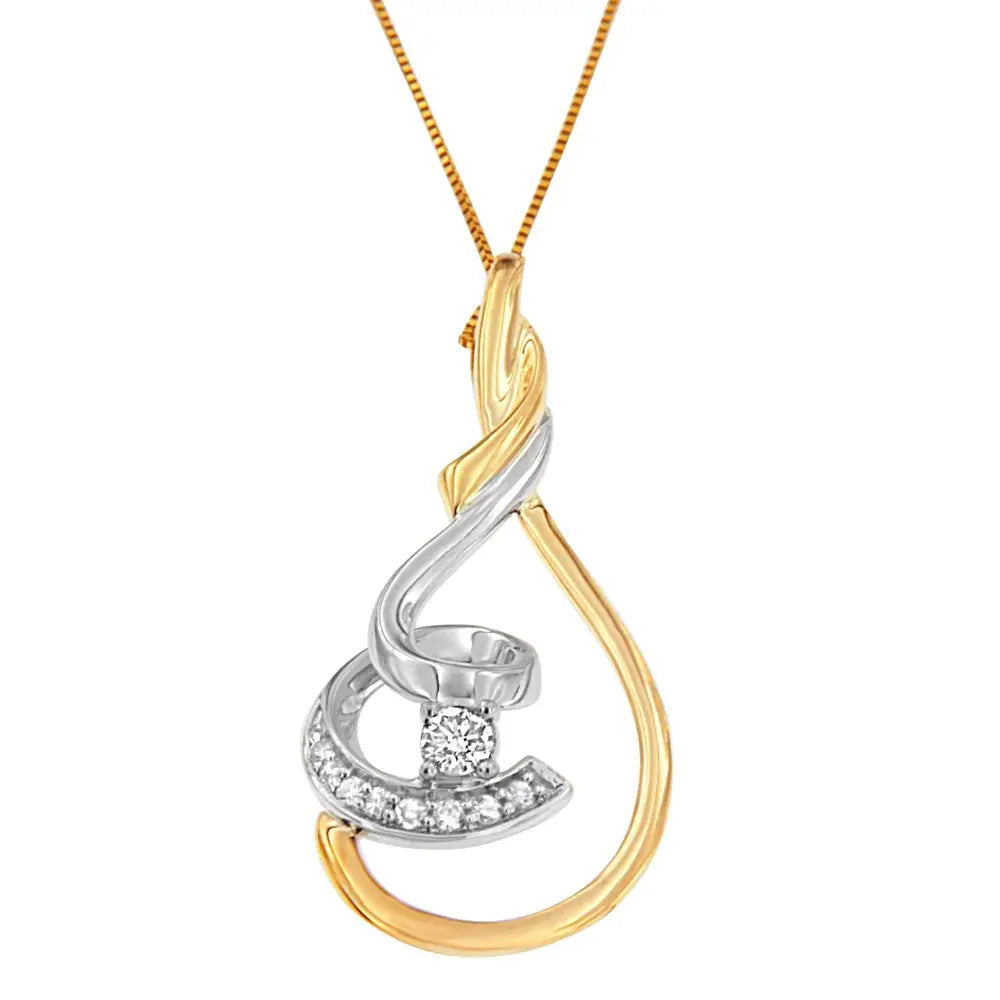 Two-Tone 10K Gold Layered Spiral Diamond Pendant Necklace 1/6 cttw