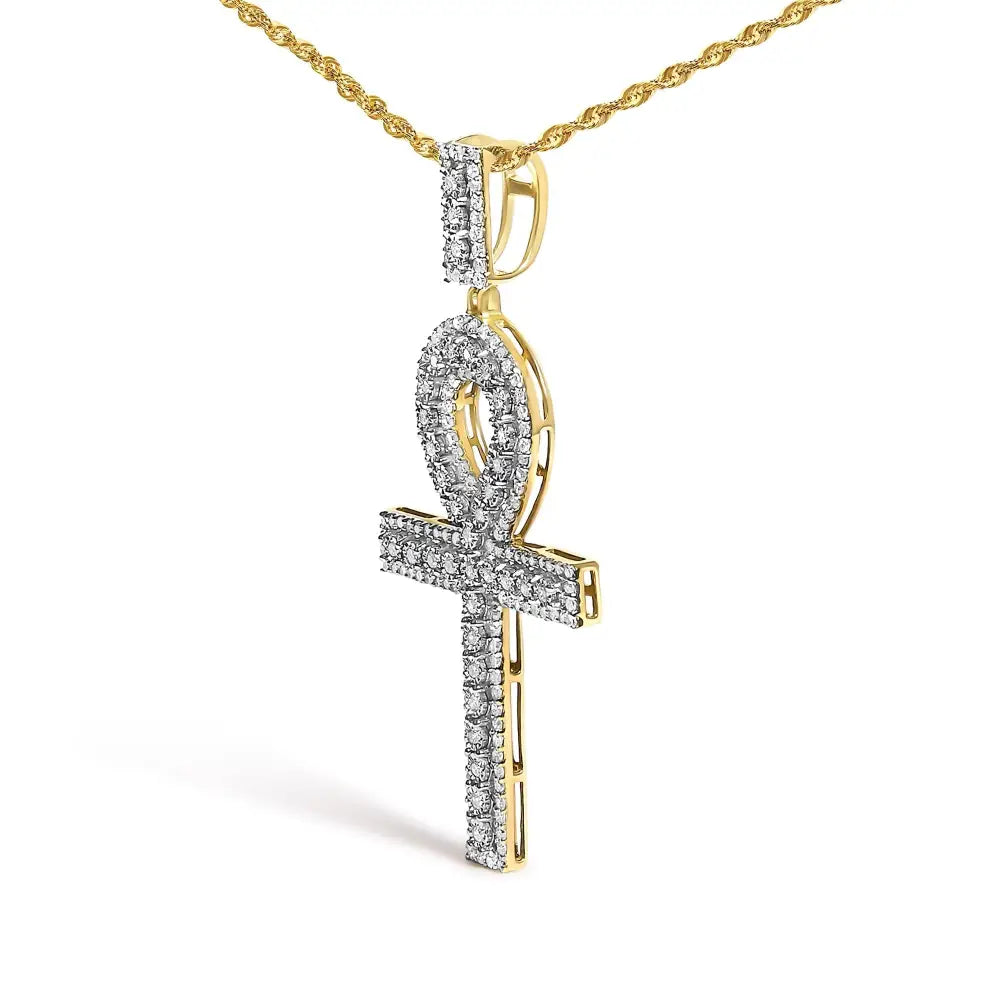 Diamond Pavé Ankh Cross Pendant Necklace in 10K Yellow Gold – 1.00 Cttw