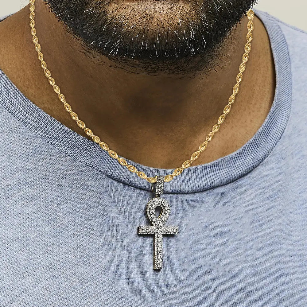 Diamond Pavé Ankh Cross Pendant Necklace in 10K Yellow Gold – 1.00 Cttw