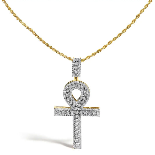 Diamond Pavé Ankh Cross Pendant Necklace in 10K Yellow Gold – 1.00 Cttw