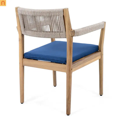 Outdoor Dining Chair Acacia Wood Rope Teak Beige Navy Cushion Set 2