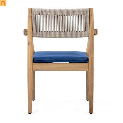 Outdoor Dining Chair Acacia Wood Rope Teak Beige Navy Cushion Set 2
