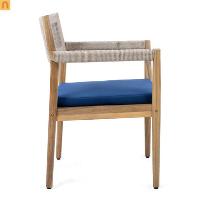 Outdoor Dining Chair Acacia Wood Rope Teak Beige Navy Cushion Set 2