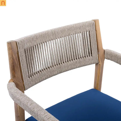 Outdoor Dining Chair Acacia Wood Rope Teak Beige Navy Cushion Set 2