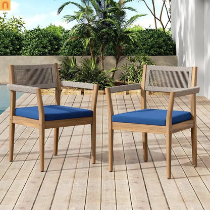 Outdoor Dining Chair Acacia Wood Rope Teak Beige Navy Cushion Set 2
