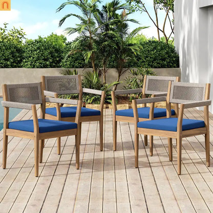 Outdoor Dining Chair Acacia Wood Rope Teak Beige Navy Cushion Set 2