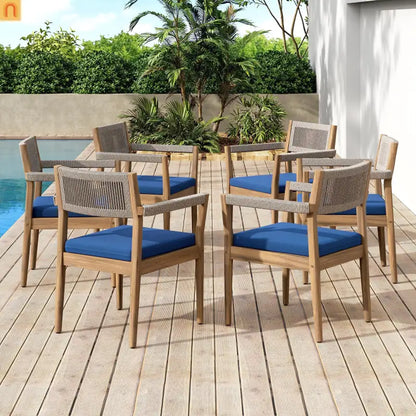 Outdoor Dining Chair Acacia Wood Rope Teak Beige Navy Cushion Set 2