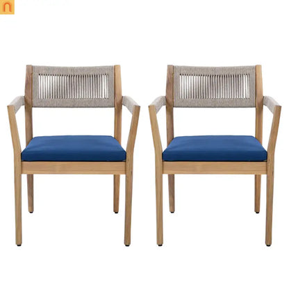 Outdoor Dining Chair Acacia Wood Rope Teak Beige Navy Cushion Set 2