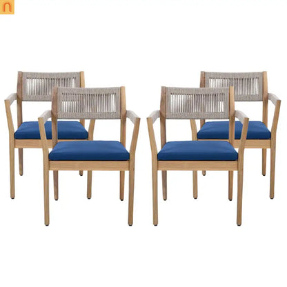 Outdoor Dining Chair Acacia Wood Rope Teak Beige Navy Cushion Set 2