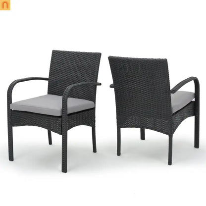 Outdoor Dining Chair PE Rattan Iron Gray Cushioned Set of 2