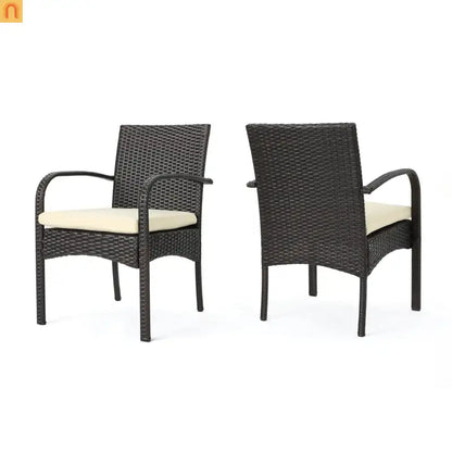 Outdoor Dining Chair PE Rattan Iron Brown Beige Cushion Set of 2