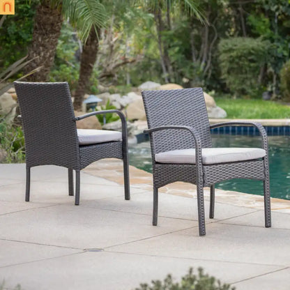 Outdoor Dining Chair PE Rattan Iron Gray Cushioned Set of 2