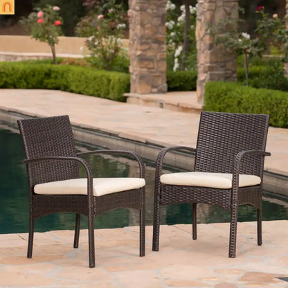 Outdoor Dining Chair PE Rattan Iron Brown Beige Cushion Set of 2
