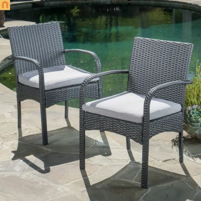 Outdoor Dining Chair PE Rattan Iron Gray Cushioned Set of 2