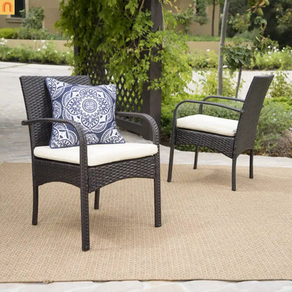 Outdoor Dining Chair PE Rattan Iron Brown Beige Cushion Set of 2