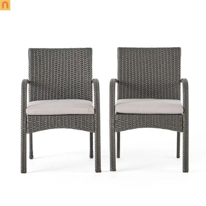 Outdoor Dining Chair PE Rattan Iron Gray Cushioned Set of 2