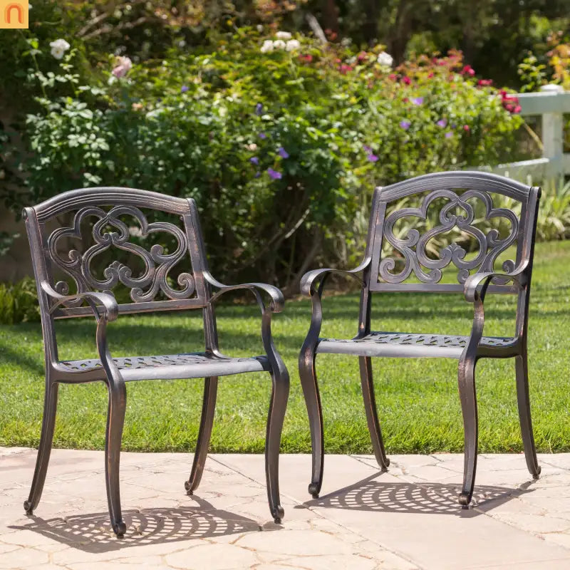 Outdoor Dining Chair Cast Aluminum Copper Ornate Set of 2 37in