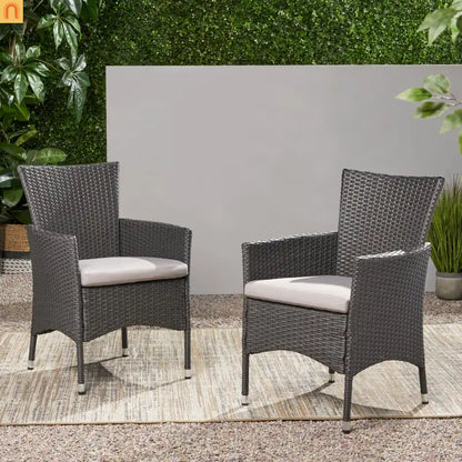 Outdoor Dining Chair Set Wicker Gray Sloped Arms Set of 2 33in
