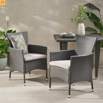 Outdoor Dining Chair Set Wicker Gray Sloped Arms Set of 2 33in