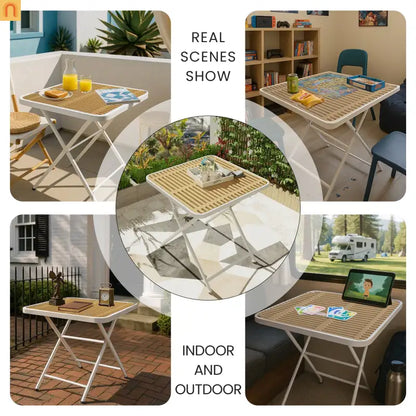 Outdoor Dining Set PP Plastic Striped Beige Orange 5 Piece Folding Table