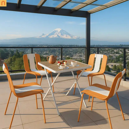 Outdoor Dining Set PP Plastic Striped Beige Orange 5 Piece Folding Table