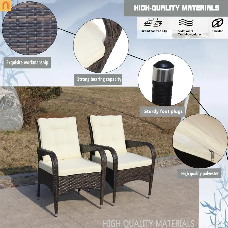 Outdoor Dining Chair PE Rattan Brown Beige Cushion 300 lb Set of 2