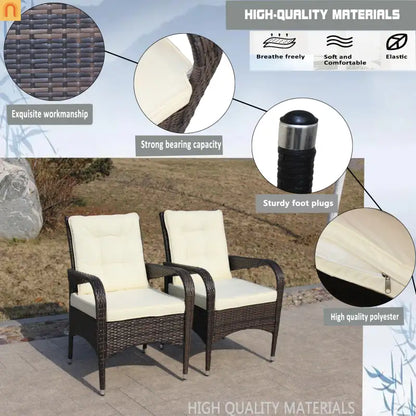 Outdoor Dining Chair PE Rattan Brown Beige Cushion 300 lb Set of 2