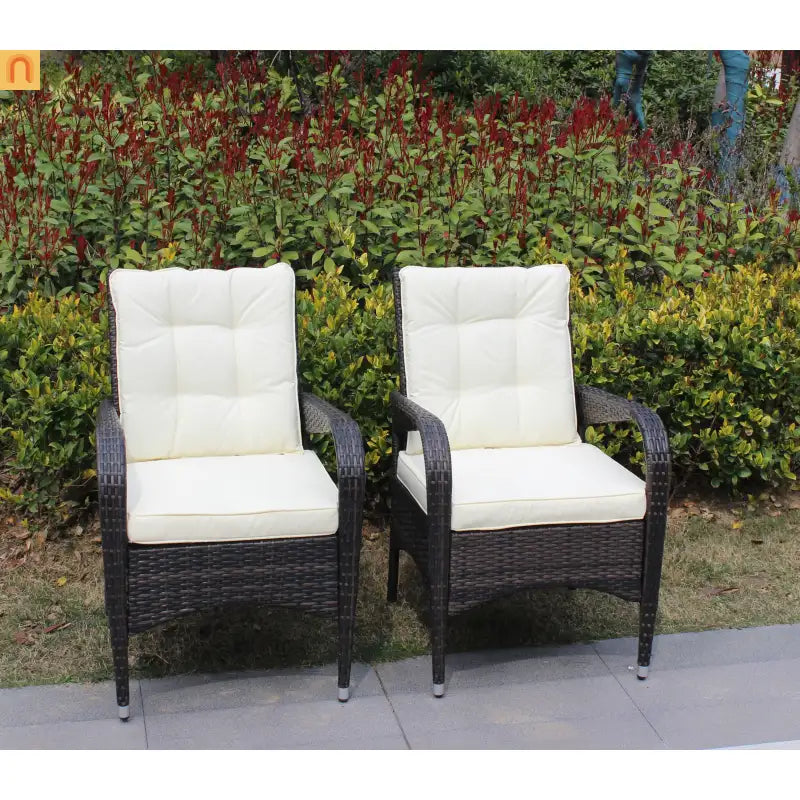 Outdoor Dining Chair PE Rattan Brown Beige Cushion 300 lb Set of 2