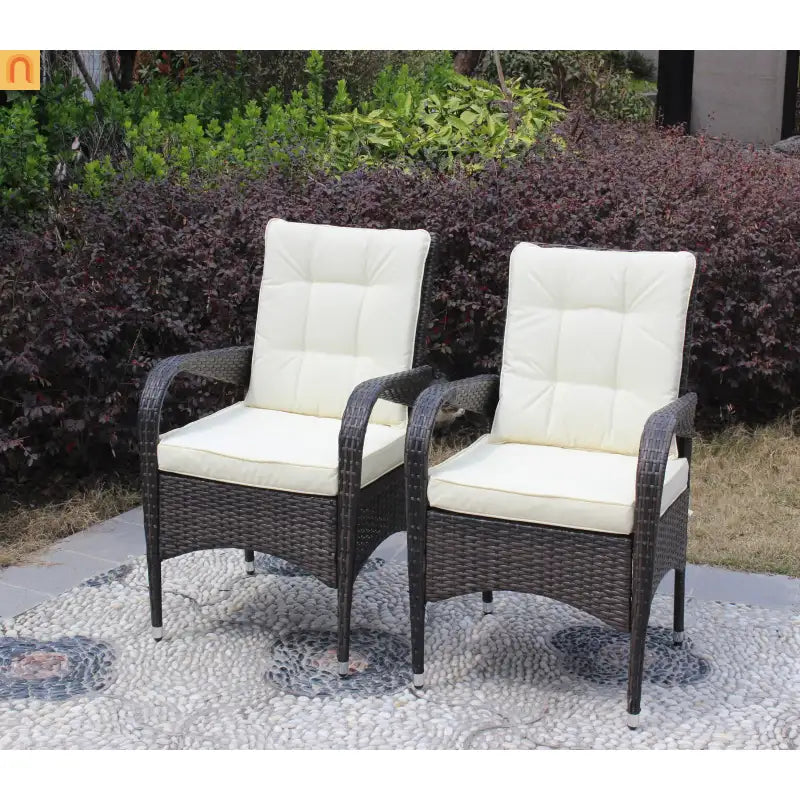 Outdoor Dining Chair PE Rattan Brown Beige Cushion 300 lb Set of 2