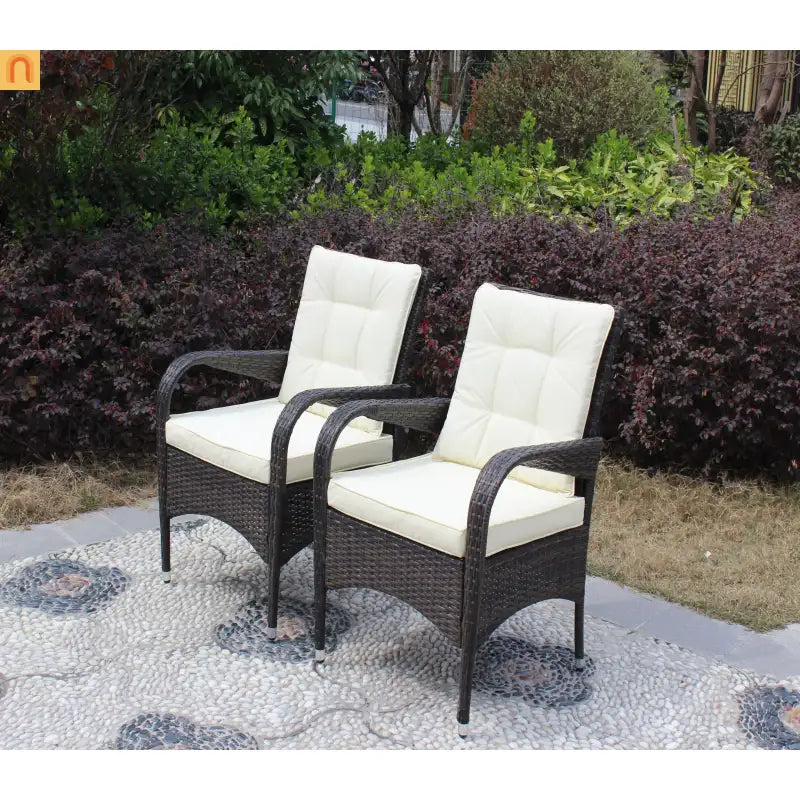 Outdoor Dining Chair PE Rattan Brown Beige Cushion 300 lb Set of 2