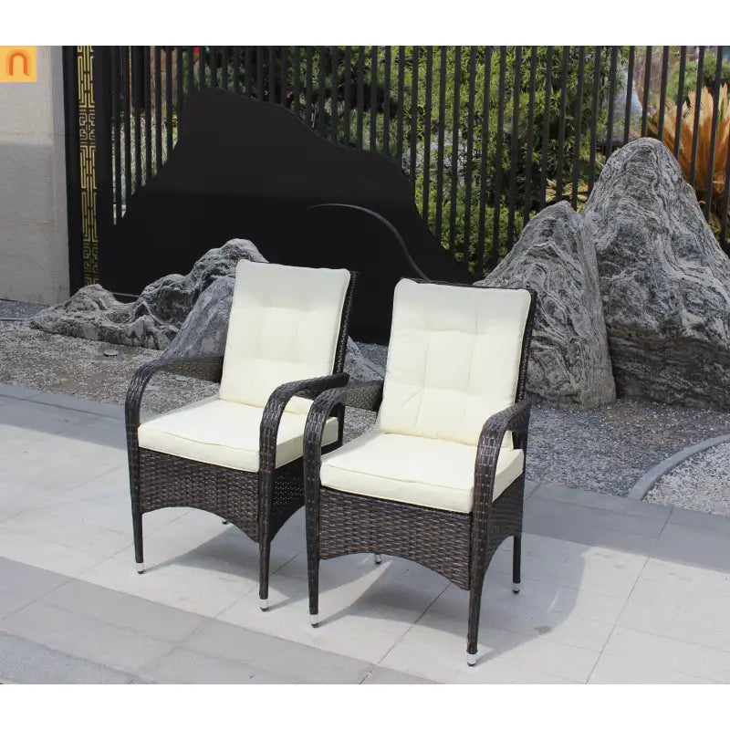 Outdoor Dining Chair PE Rattan Brown Beige Cushion 300 lb Set of 2