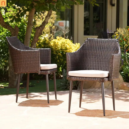 Outdoor Dining Chair PE Wicker Iron Brown Cushion Set of 2