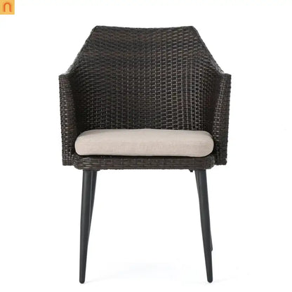 Outdoor Dining Chair PE Wicker Iron Brown Cushion Set of 2