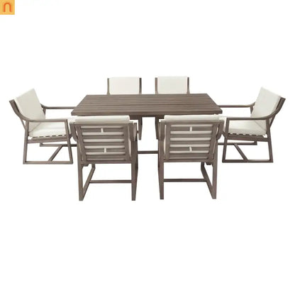 Outdoor Dining Set Acacia Wood Beige Cushion 7 Piece Slatted Seats 6