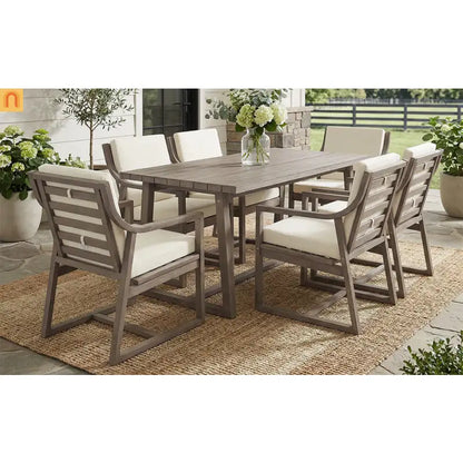 Outdoor Dining Set Acacia Wood Beige Cushion 7 Piece Slatted Seats 6