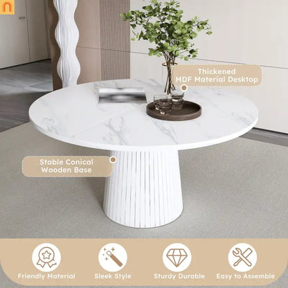 Dining Table Round Marble Veneer White Farmhouse 47in Seats 4