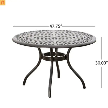 Outdoor Round Dining Table Cast Aluminum Bronze Umbrella Hole 47.75in