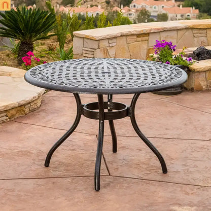 Outdoor Round Dining Table Cast Aluminum Bronze Umbrella Hole 47.75in