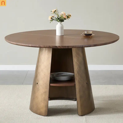 Dining Table Round Walnut Retro Metal Base 47in Storage Shelf Seats 6